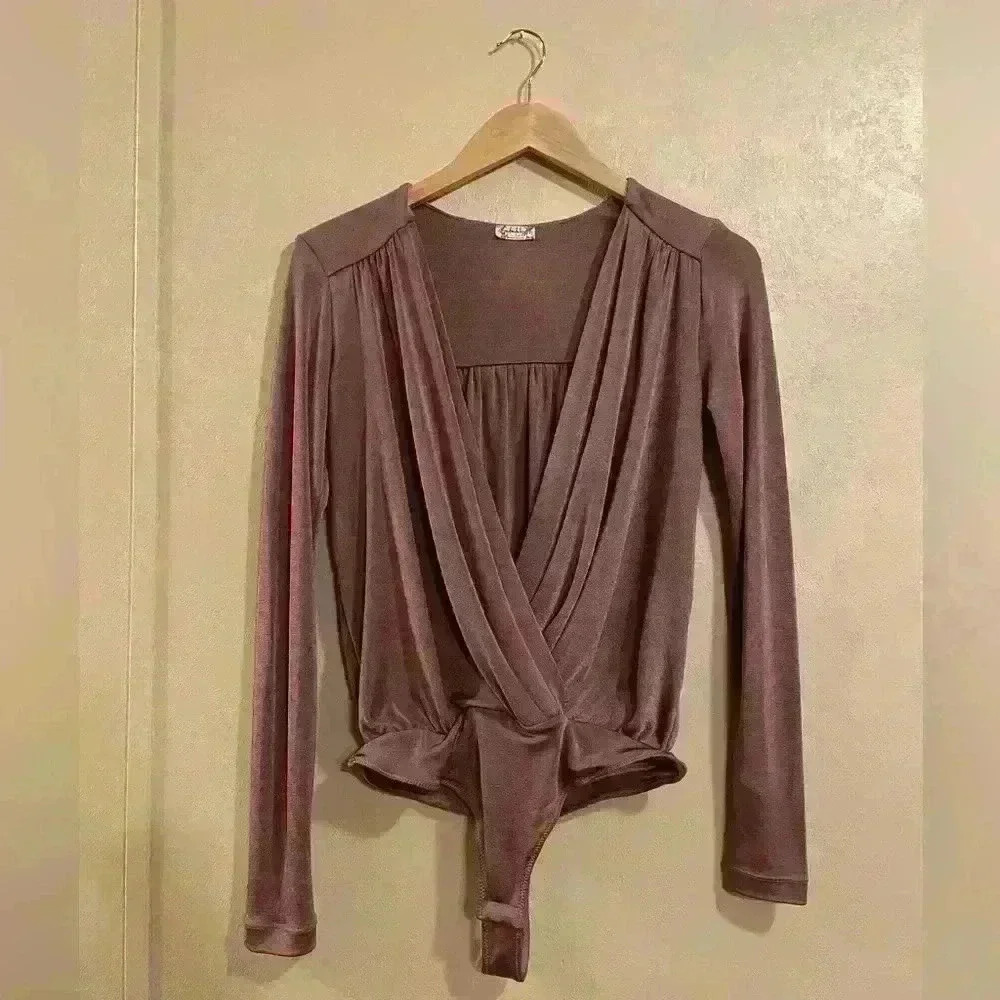 Free People Dusty Mauve Wrap Long Sleeve Bodysuit